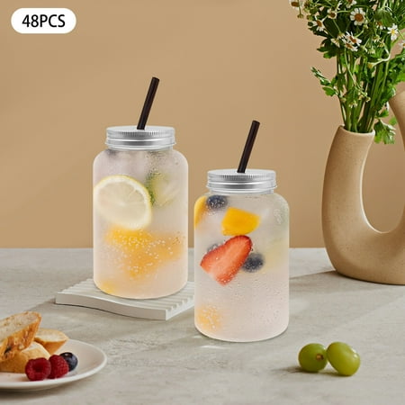 48Pcs 450ml/15.2oz Milk Tea Jars with Lids, Plastic Juice Bottles, Drink Containers with Aluminum Caps for Wedding Party Favor Water Milk Beer Juice Beverage