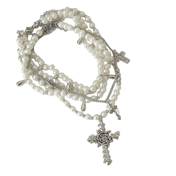 Vintage Designs Pearls Multilayer Necklace with Silver Crosses Charm Pendant