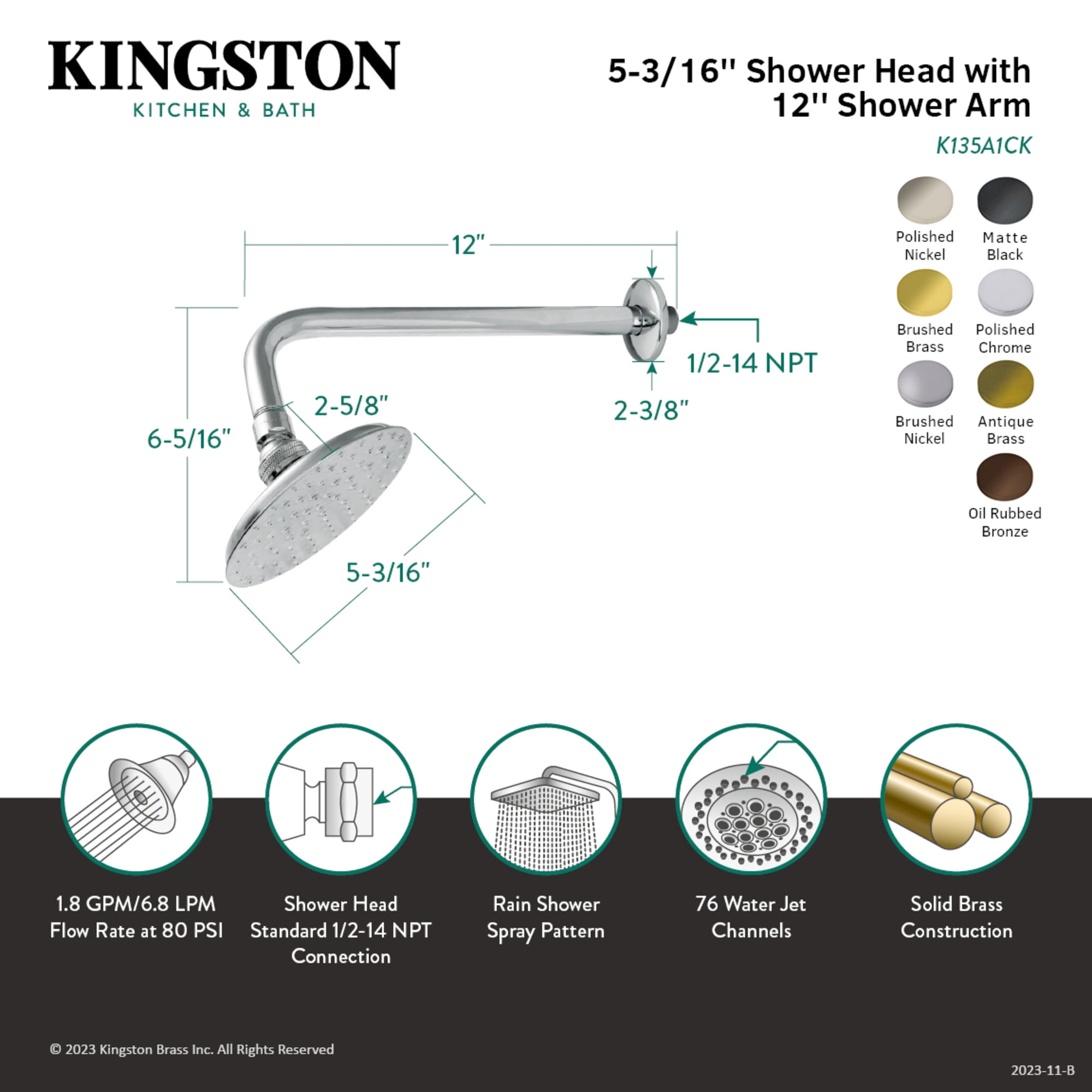 Kingston Brass K135A5CK Victorian 5-1/4-Inch Round Raindrop Brass Shower Head with 12-Inch Shower Arm in Oil Rubbed Bronze