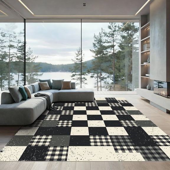 ODIKA 4'x6' Machine Washable Non-Slip Area Rug, Farmhouse Black High Traffic Rug, Gray, 1179772