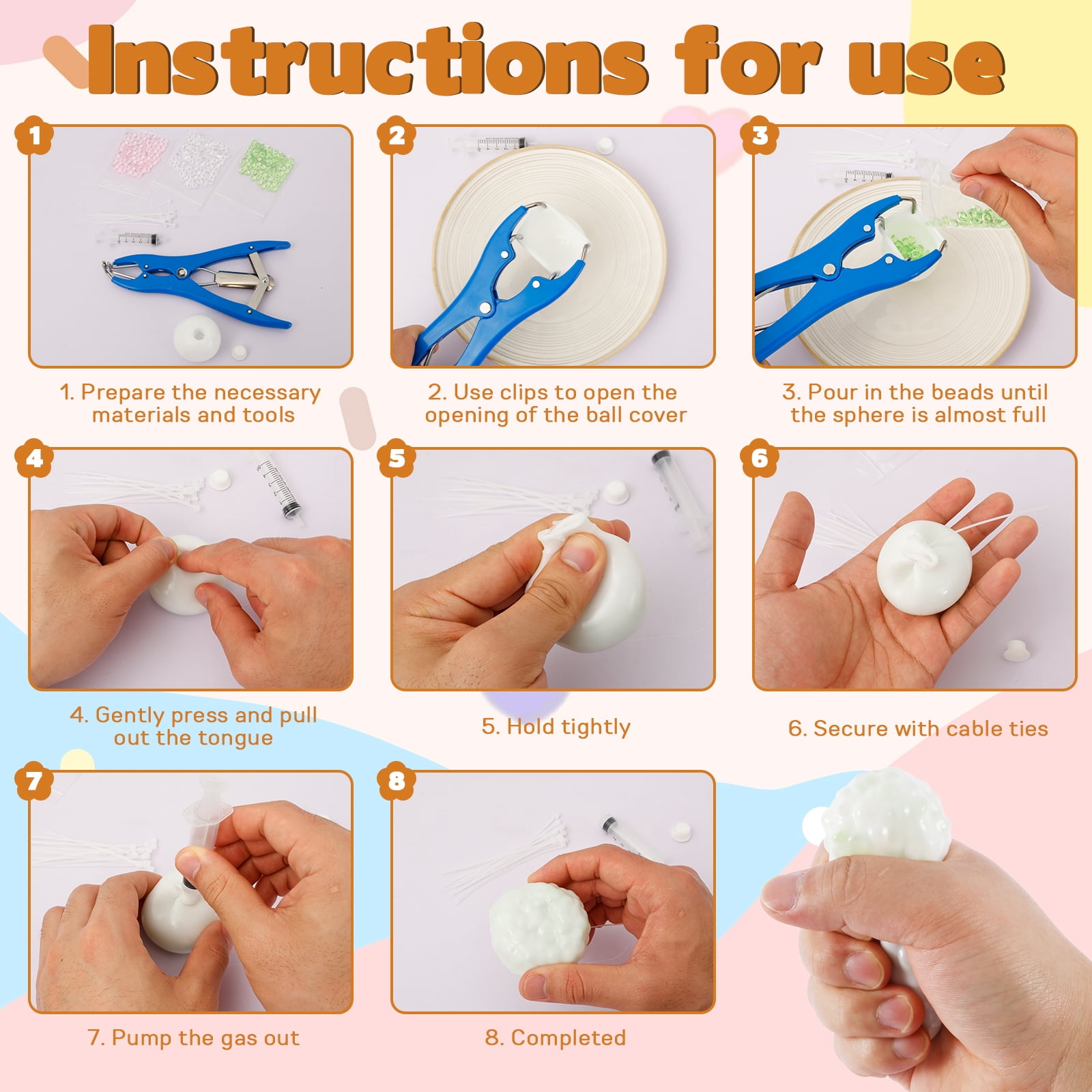 Austok DIY Stress Ball Making Kit Portable Empty Squeeze Ball DIY Kit with Vacuum Tool Cable Tie Filler Bead Expander Tool for Home Office Adult
