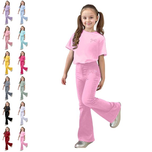 GPOECD Outfits for Girls Casual Flare Pants Outfit Two Piece Comfy Daily Wear for Autumn Girls Sets,Pink,12-13 Years