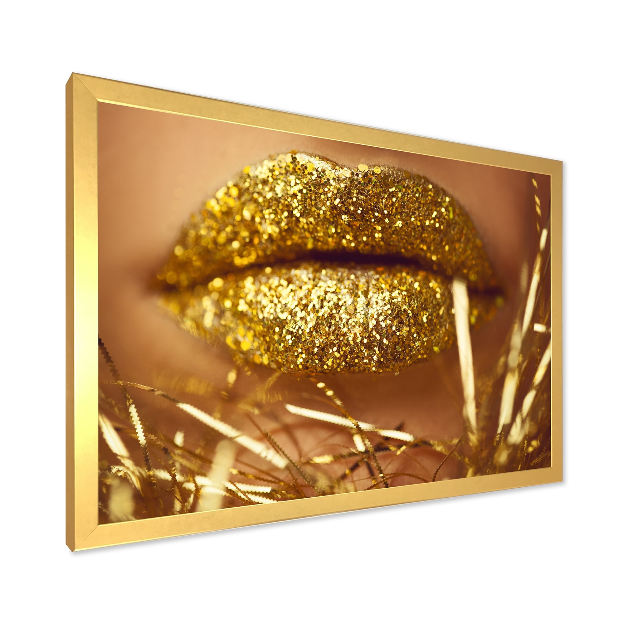 Designart 'Golden Female Lips' Modern Framed Art Print