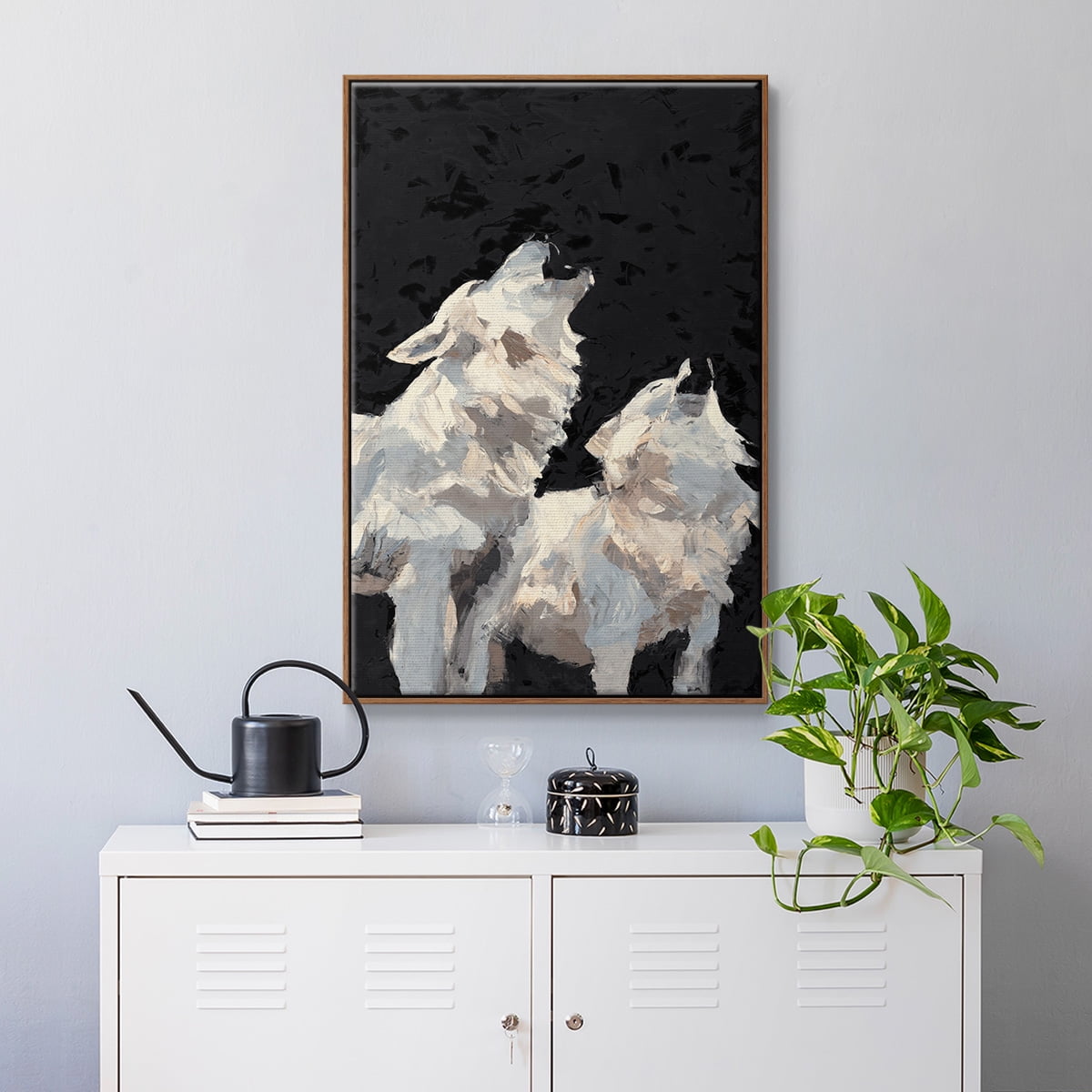 Midnight Wolves Framed Premium Gallery Wrapped Canvas - Ready to Hang - 17 x 25 - Walnut Floating Frame