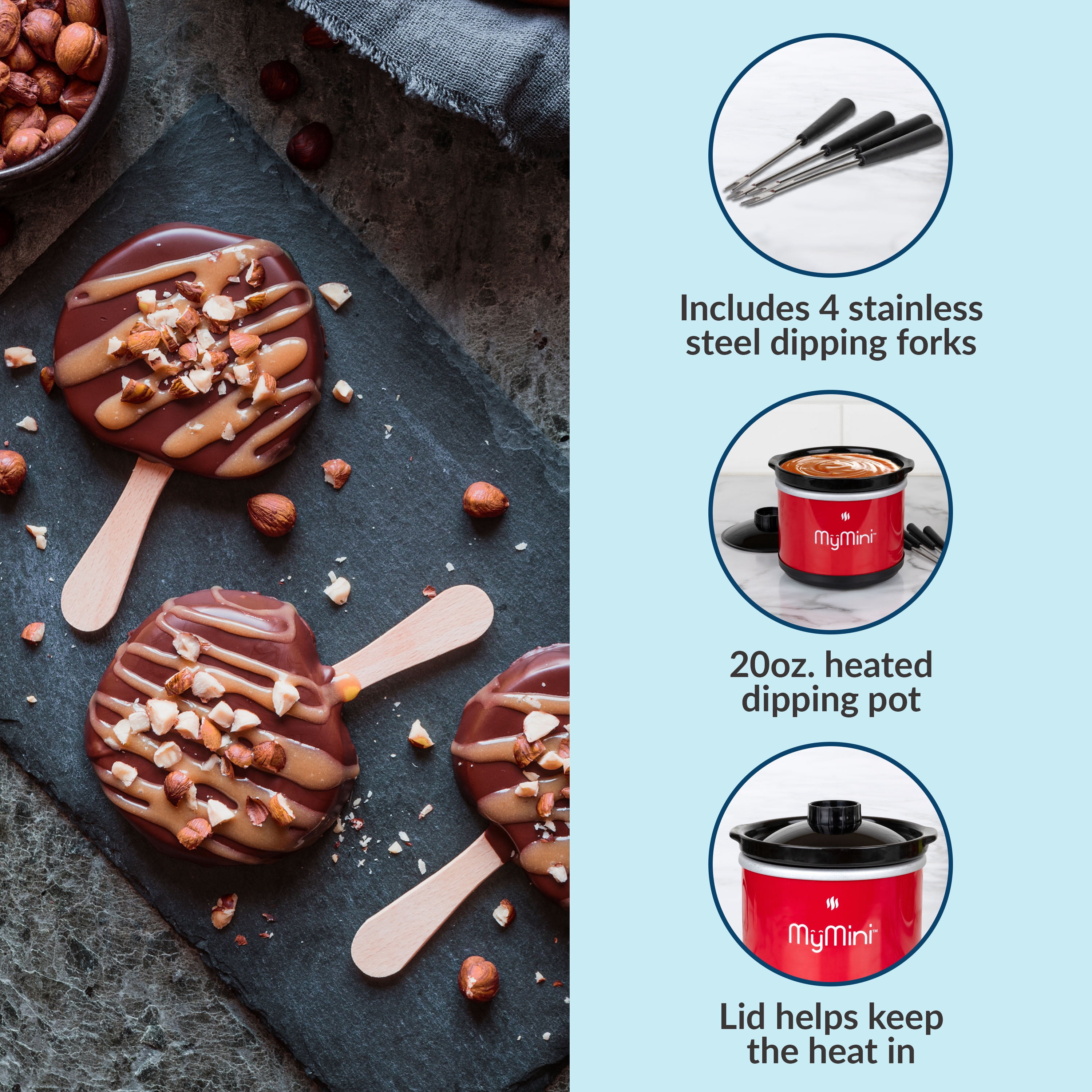(3 pack) MyMini 20 oz Chocolate Fondue Dipping Pot, 40-Watts, Nonstick Ceramic, Red