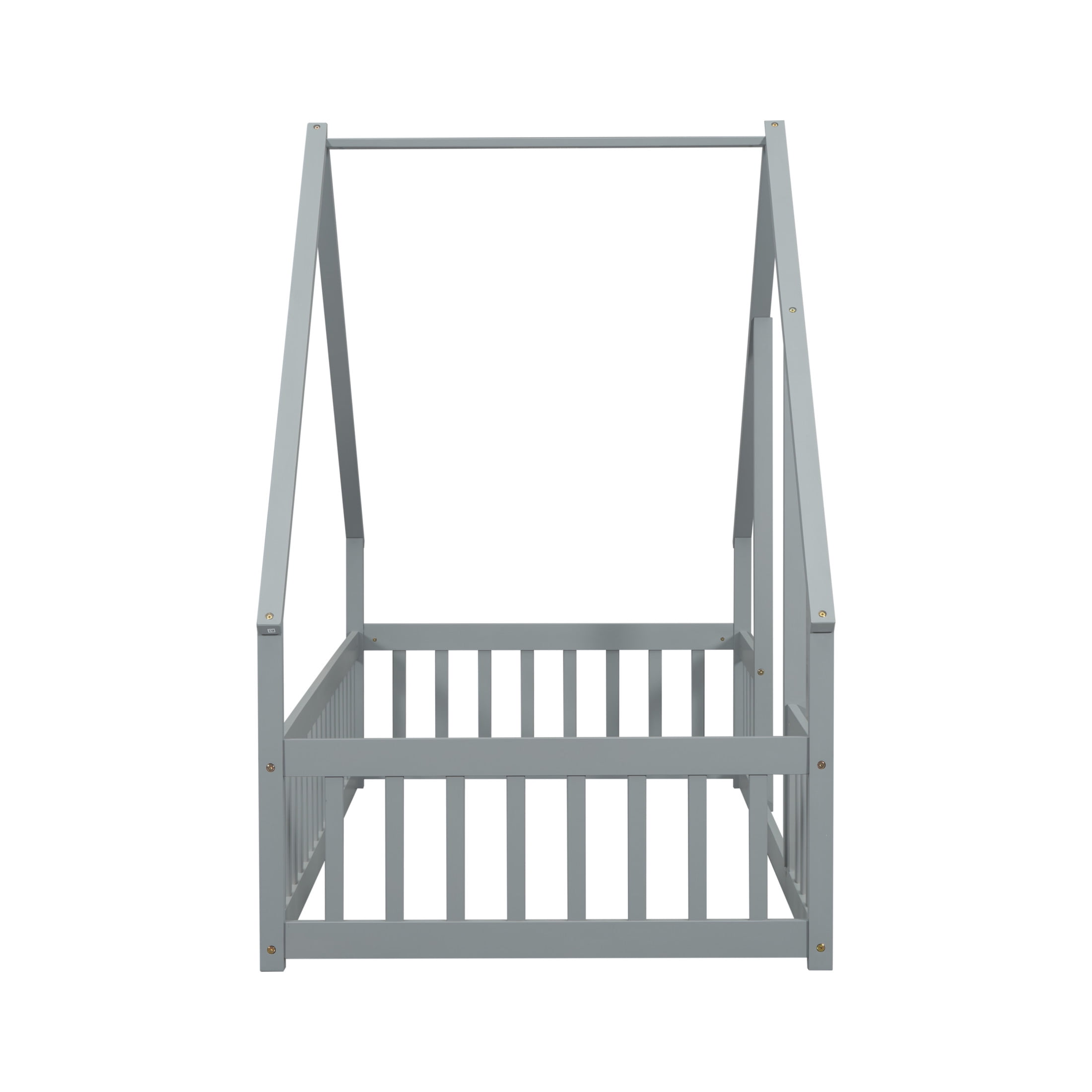 Noble House May Twin Floor Bed with House-Shaped Roof Frame and Fence Guardrails, Solid Pine Wood Frame, Grey