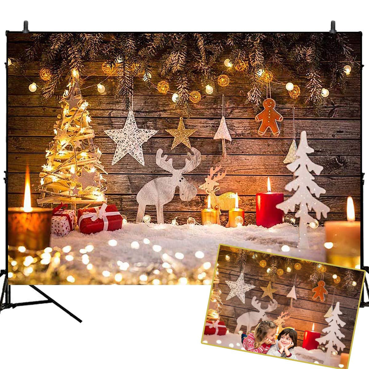 YongFoto 5x3ft Christmas Photography Backdrops Fireplace Candle Xmas Tree Lights Stars Wooden House Background Party Theme Banner Family Home Decor Poster Portrait Photo Shoot Studio 