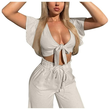 

Dadaria 2 Piece Outfits for Women Pants Sets Casual Holiday V Neck Solid Short Sleeve Long Pants 2 Pieces Suit Party Beige XXL Female