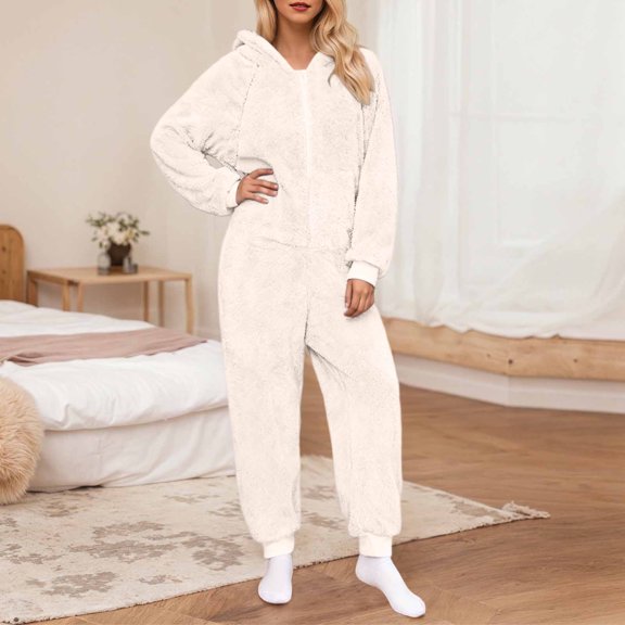 AUNVITO Women's Fleece Hooded Front Zipper Long Sleeve Jumpsuit Cozy and Comfortable Loungewear Style