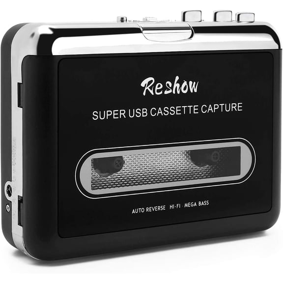 Reshow Cassette Player – Portable Tape Player Captures MP3 Audio Music via USB – Compatible with Laptops and Personal Computers – Convert Walkman Tape Cassettes to iPod Format (Black)
