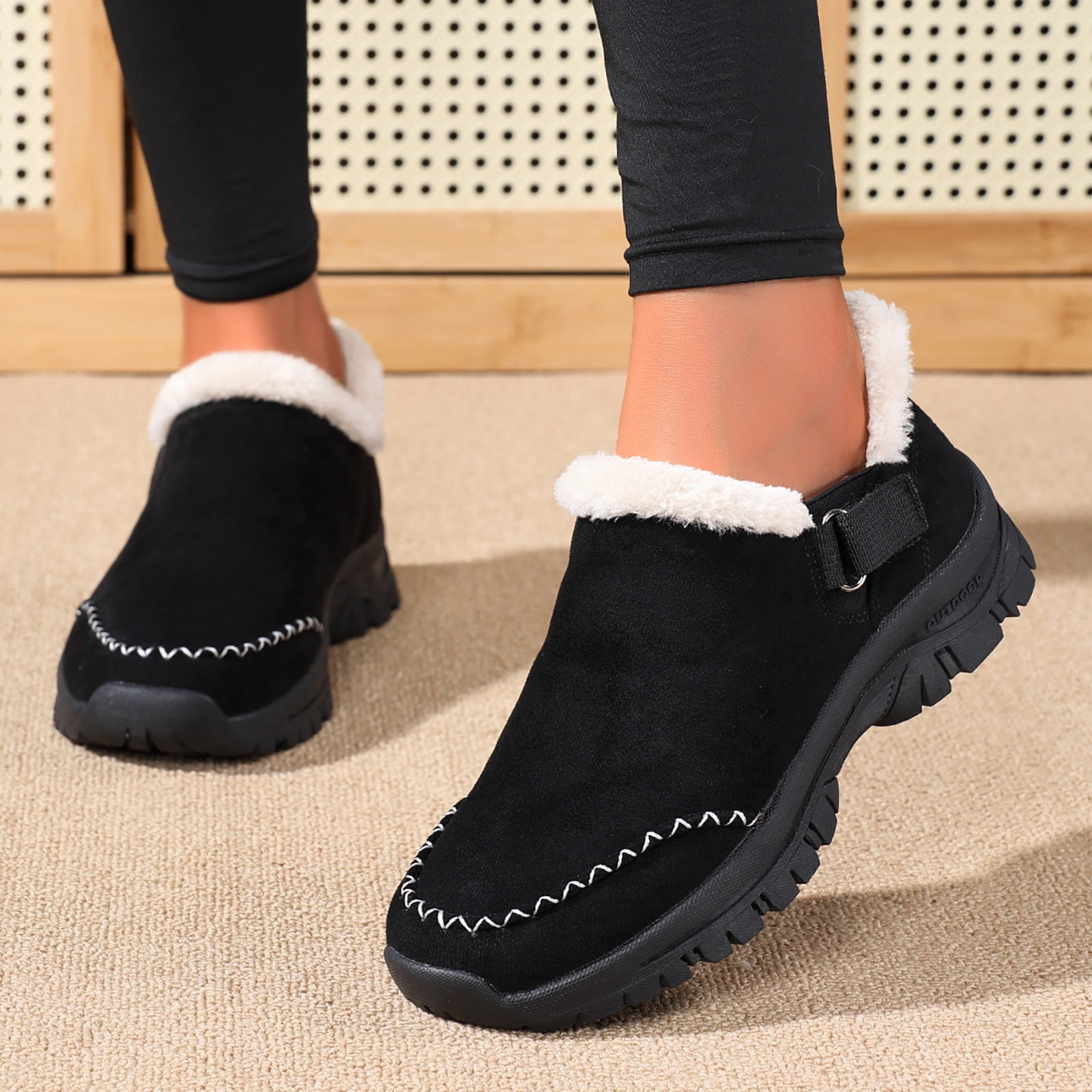 Dakaela Womens Winter Snow Boots Fleece Lined Hiking Slip on Loafers Sneakers Outdoor Plush Short Booties Shoes Black 6