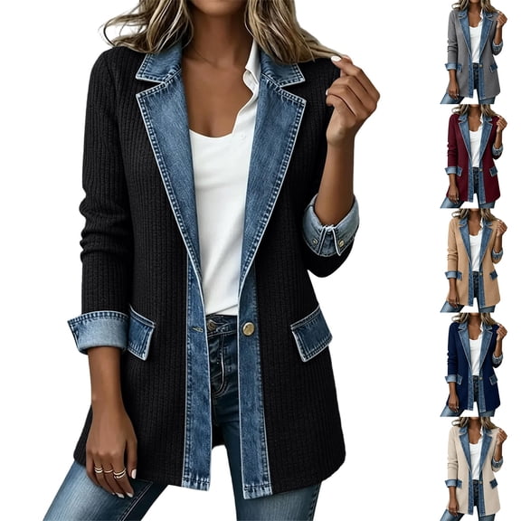 Hsovts Denim Patchwork Jackets for Women Denim Cuffs Knit Collared Jacket Winter Fall Long Sleeve Patchwork Button Down Casual Stylish Cardigan Khaki M