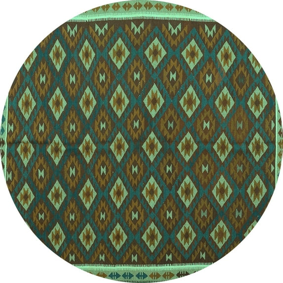 Ahgly Company Machine Washable Indoor Round Oriental Turquoise Blue Traditional Area Rugs, 7' Round