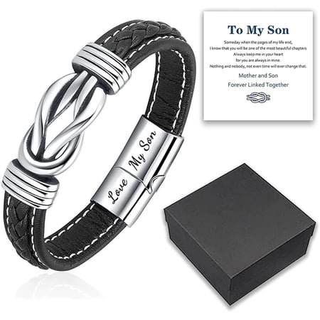 Mother and Son Forever Linked Together Braided Leather Bracelet Men's Stainless Braided Leather Bracelet Bangle Wristband Gift for Son from Mom Dad