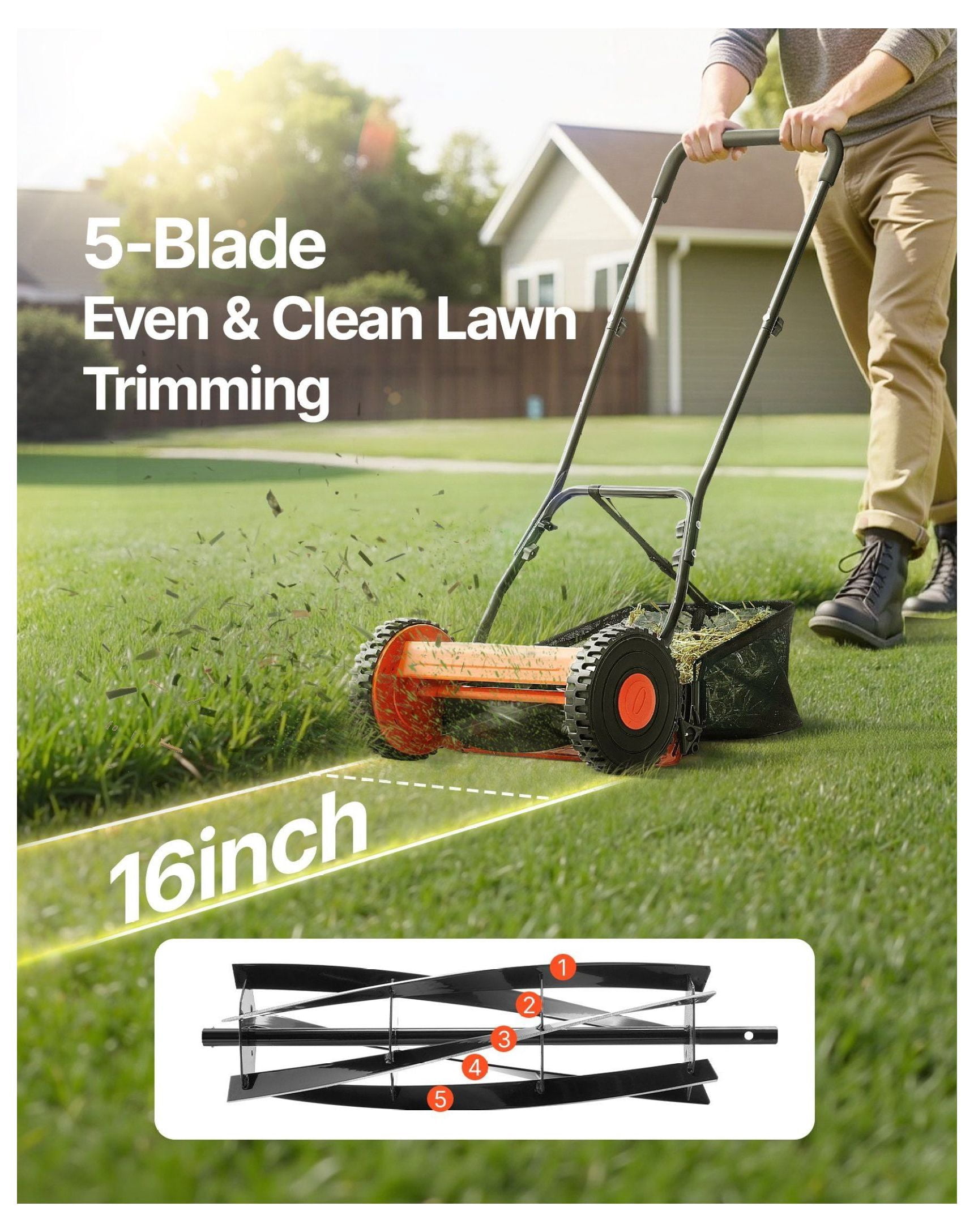 16" Manual Reel Lawn Mower - 5-Blade Push Mower, Adjustable Height, Grass Catcher, 2-Wheel - Eco-Friendly Lawn Care