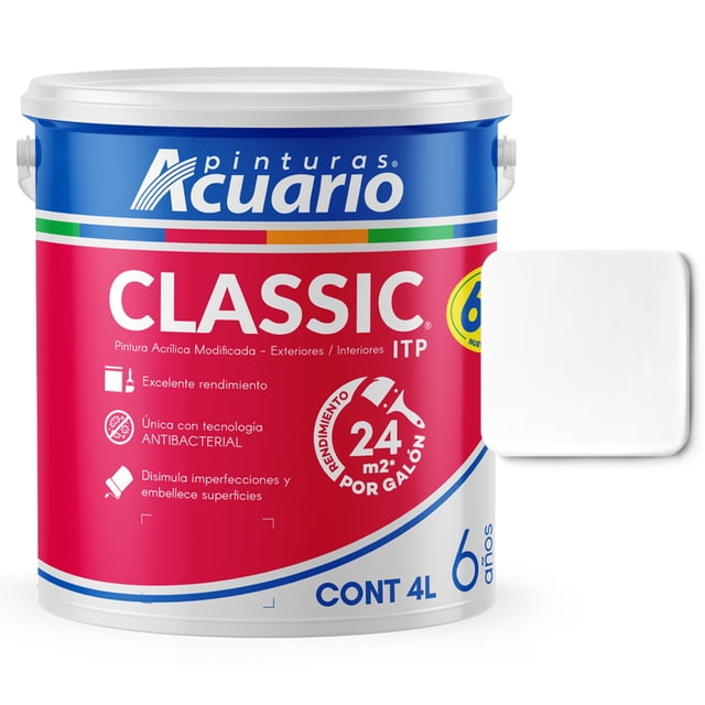 Pintura Acrílica Modificada Exteriores Interiores ITP Pinturas Acuario Classic 6 Años 4 Litros Blanco Mate