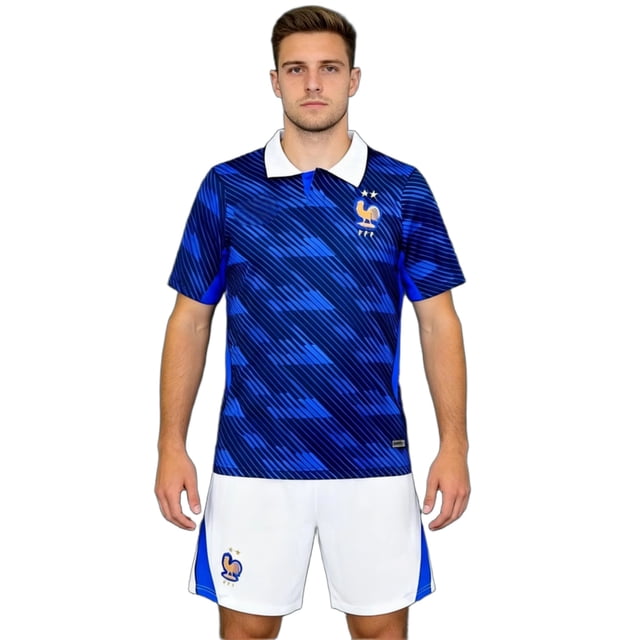 francia camiseta de la copa internacional de fútbol 2026 edición ee.uu., diseño personalizado para aficionados al fútbol mundial, camiseta casual de manga corta para seguidores deportivos Vista frontal centrada de camiseta multicolor azul con cuello polo blanco, patrón diagonal geométrico en tonos de azul, corte relajado y tejido transpirable; gráfico dorado de gallo y dos estrellas en el pecho izquierdo y etiqueta Pokenis en el dobladillo. Suele usarse también como prenda casual para reuniones de aficionados.