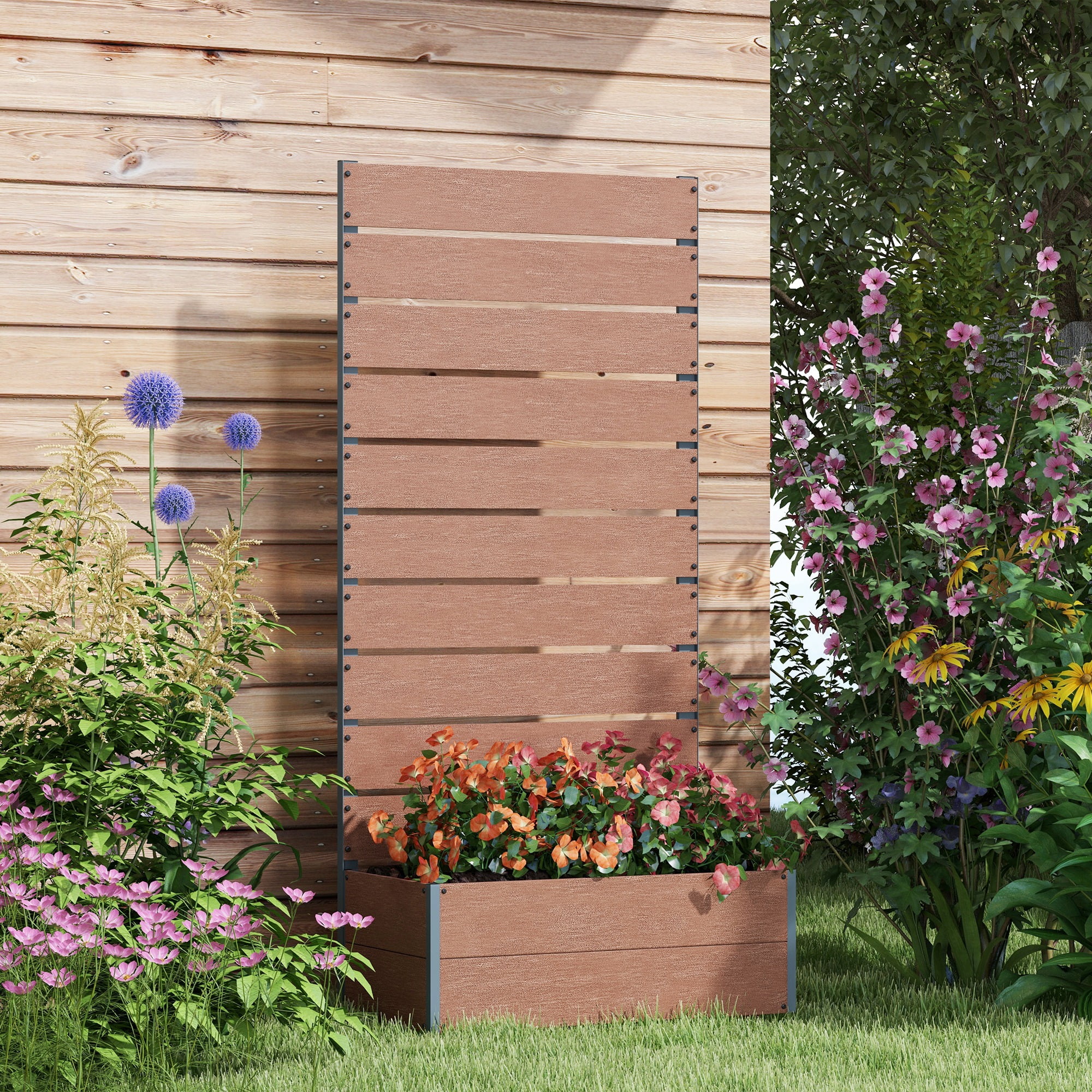 Raised Garden Bed with Trellis for Climbing Plants, Planter Box with Drainage Gap, Freestanding Trellis Planter for Outdoor, Patio, Deck, 28.25" x 15" x 59", Brown