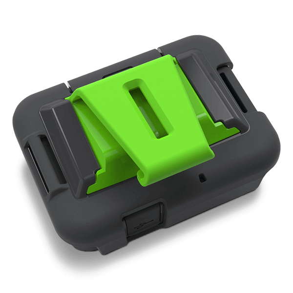 ZOLEO Cradle Kit Accessory with a black main cradle and a bright green belt clip insert attached. This kit secures the ZOLEO satellite communicator and includes three interchangeable inserts: belt clip, strap infill connector, and camera tripod mount. Suitable for tripod heads and versatile mounting setups.
