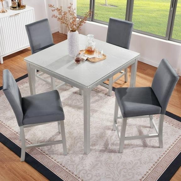 5 Piece Counter Height Table Set, Wooden Kitchen Table Set with Square Table and 4 Upholstered Chairs, Counter Height Dining Table with Crystal Decoration and Chair Set (Gray)