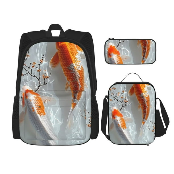 Easygdp Koi Fish Water Mochila para Niños y Niñas con Set de Caja de Almuerzo y Estuche para Lápices 3 en 1, Mochila Escolar Estampada para Adolescentes