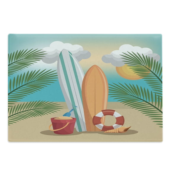 Graphic Beach Cutting Board, Summer Holiday Fun Cartoon with Surf Broads Sand Bucket Buoy and Shell, Decorative Tempered Glass Cutting and Serving Board, in 3 Sizes, by Ambesonne