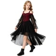 thumbnail image 6 of Girls' Halloween Gothic Off-Shoulder Lace Sleeve Party Dress, off-shoulder cut, lace mesh long sleeves, irregular high-low hem, Suitable For Halloween Parties, Themed Costume Events Red 7-8 Years, 6 of 7