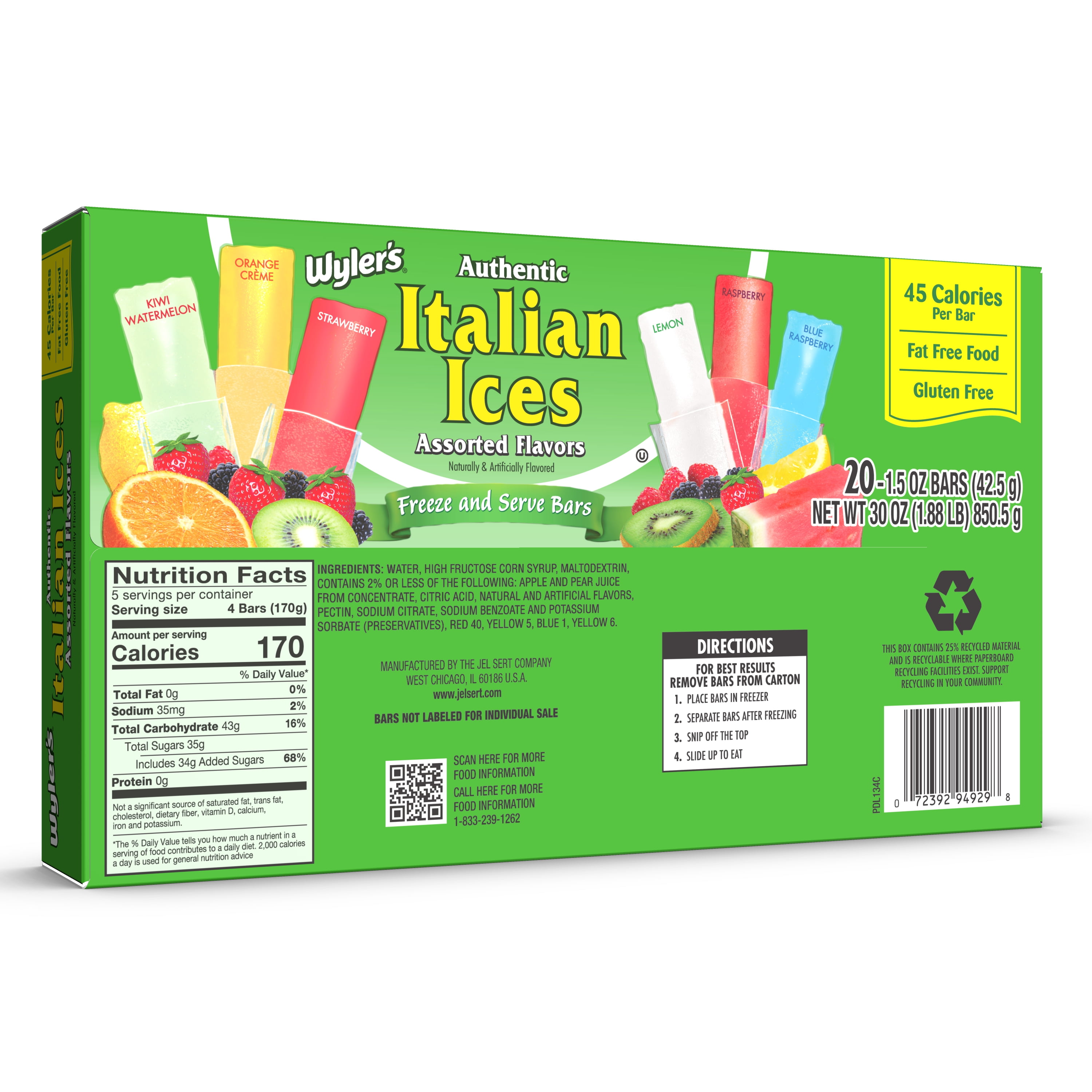 Wyler's Authentic Italian Ices Freeze and Serve Bars Variety Pack, Gluten-Free, 1.5 oz Bars, 20 Count