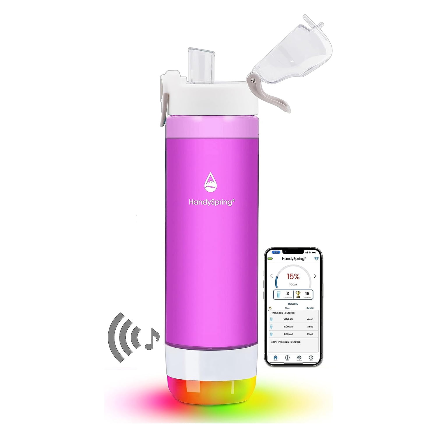 HandySpring - 26 oz Smart Water Bottle with Reminder to Drink Water - Lights and Sound Alert (Switchable) Hydrate Water Bottle, Water Tracker with Spout, Smart Hydration Reminder Light (Pink)