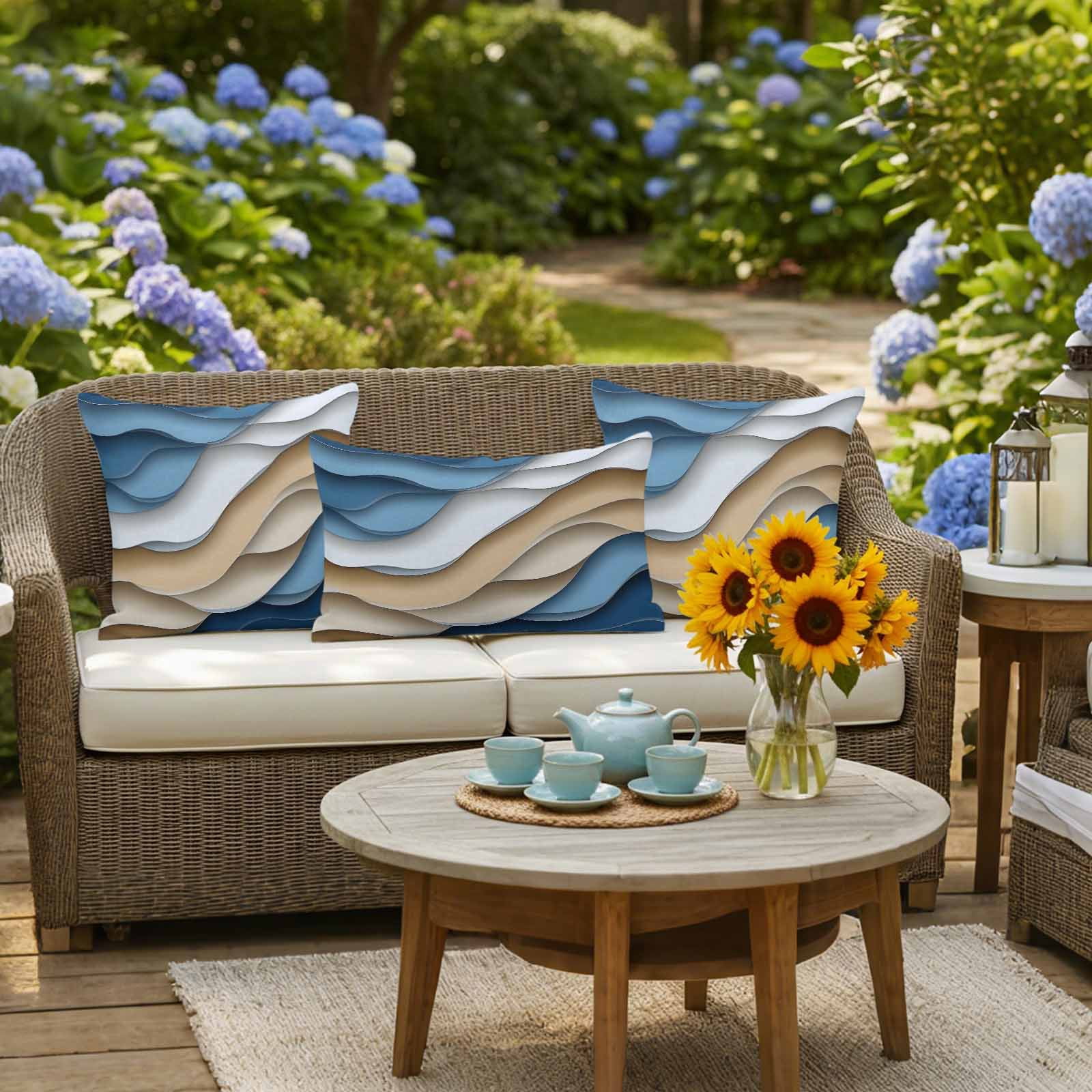 Blue Brown Outdoor Pillow Covers 26x26 Inch Throw Pillow Covers Set of 2 Waterproof Decorative Pillow Cases Ombre Aesthetics Geometric Moire Art Cushion Covers for Patio Furniture Garden Couch Sofa