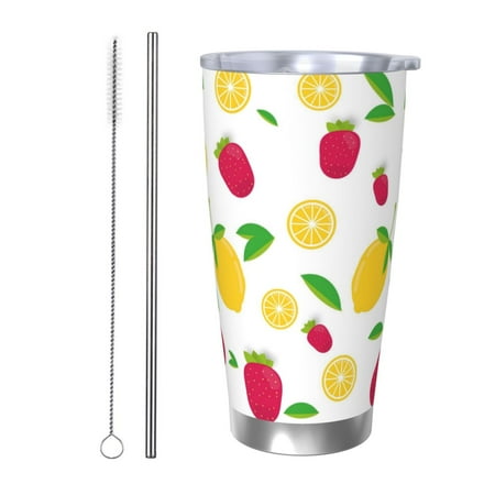 

Ocsxa Strawberry and Lemon Pattern 20oz Travel Coffee Mug with Flip Lid Stainless Steel Insulated Insulated Coffee Mug Thermal Cup with Splash Proof Sliding Lid-Straw Two-piece Set