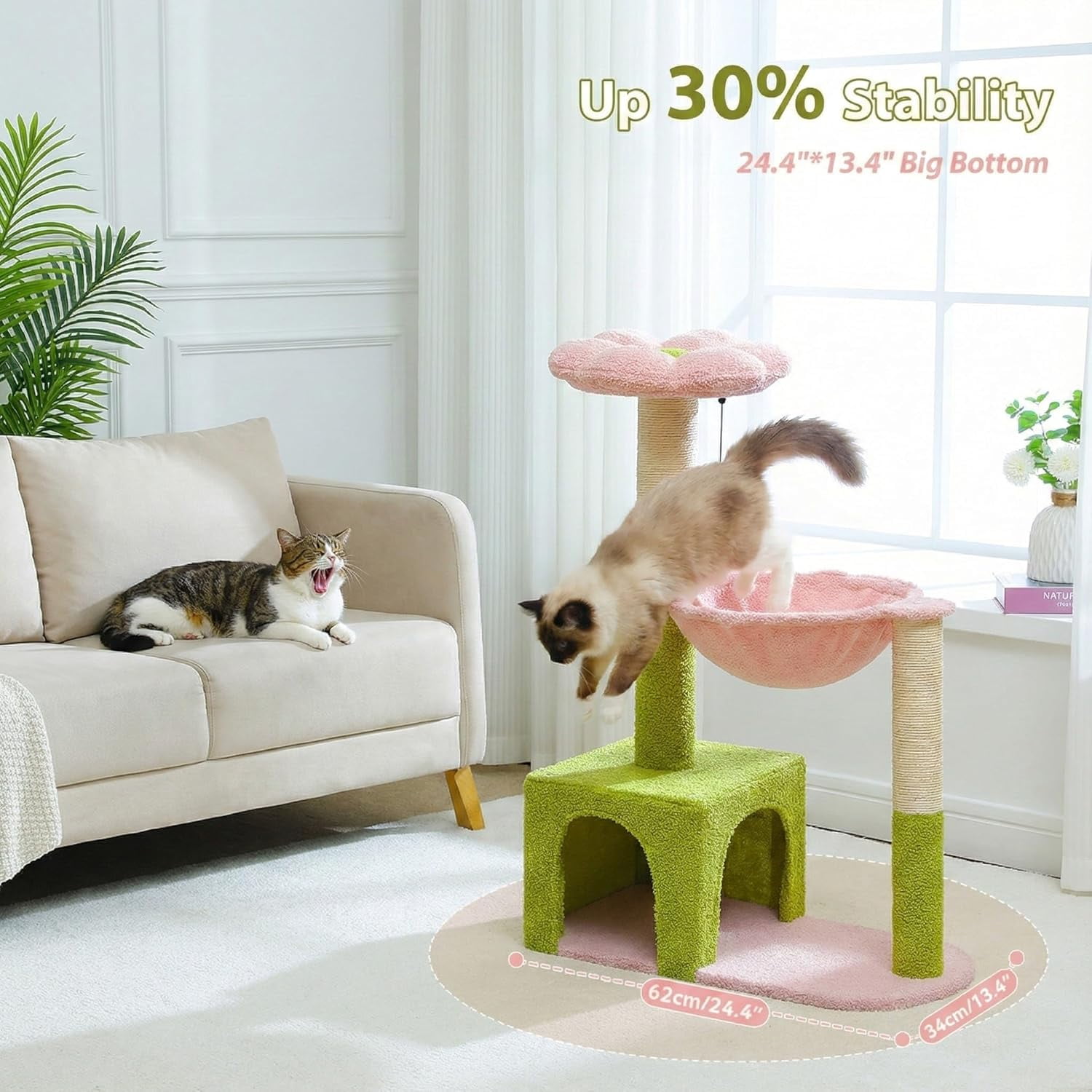 Flower  Tree with Large Metal Frame Hammock, 35" Cute  Tower with Sisal Scratching Posts for Small Indoor Cats,  Condo with Pink Top Perch for Kittens
