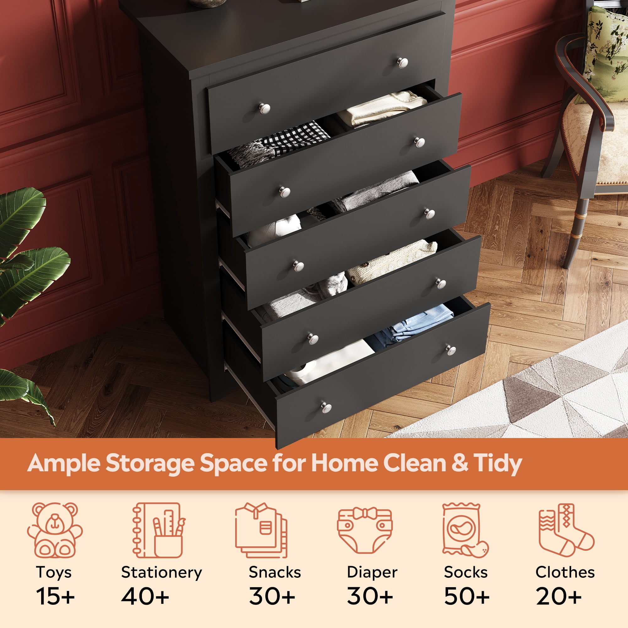 GALAXHERO 5 Drawer Dresser for Bedroom, Retro Wood Chest of Drawers, Tall Dresser with Round Metal Handle for Living Room, Hallway, Closet, Black