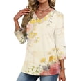 thumbnail image 5 of Xdegoge Blouses for Women Crewneck Three Quarter Sleeve Casual Dressy Workwear Flowy Fit Floral Print Pleated Front Soft Lightweight Spring Summer Tops, 5 of 7