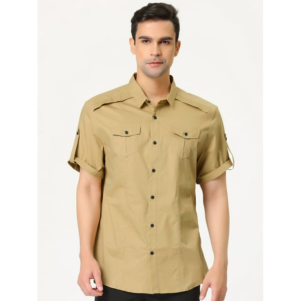 Camisa cargo caqui para hombre manga corta ajuste regular botones safari camisas de trabajo grande Unique Bargains Camisa Walmart en linea