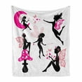 thumbnail image 1 of Fairy Soft Flannel Fleece Throw Blanket, Girl Silhouettes Sitting on Moon Mushroom Winged Dreamy Cartoon, Cozy Plush for Indoor and Outdoor Use, 50" x 70", Hot Pink Rose Black, by Ambesonne, 1 of 6