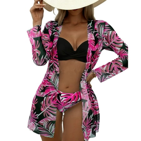 Kitem 3Pcs/Set Women Bikini Set Solid Color Sling Bra High Waist Swimming Briefs Floral Print Cover-up Set Summer Beachwear Bathing Suit (Rose Red L)
