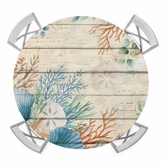 Elastic Fitted Round Tablecloth, Beige Beach Coastal Waterproof Stretch Table Cover for 45"-54" Tables, Summer Nautical Coral Shell Botanical Vintage Washable Outdoor Tablecloths for Patio, Picnic