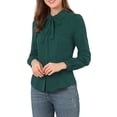 thumbnail image 4 of MODA NOVA Junior's Peter Pan Collar Self Tie Neck Puff  Sleeve Shirt Dark Green S, 4 of 5