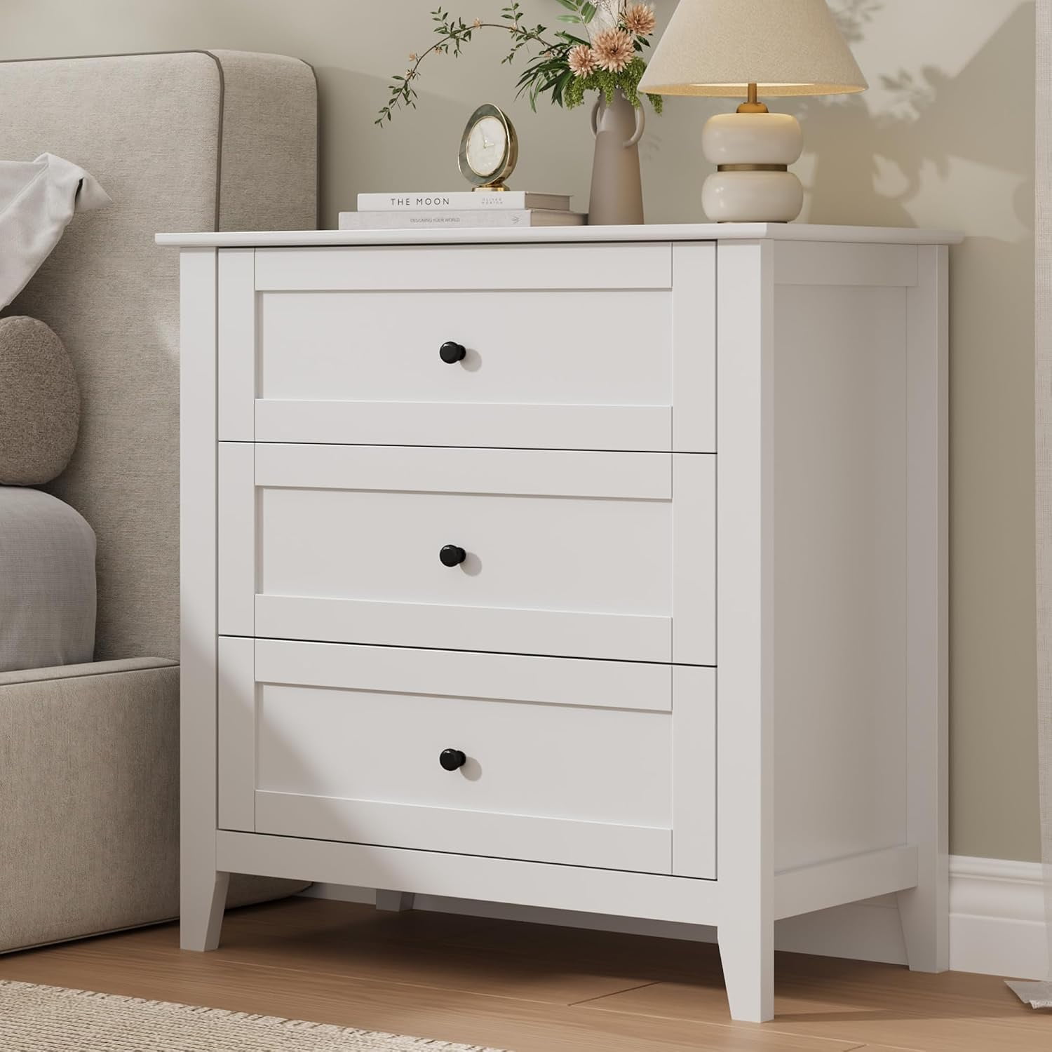 White 3 Drawer Dresser 27.5 Wide Large Modern Dresser for Bedroom | Lacquered Finish Metal Knobs Nightstand Bedside Table for Nursery Living Room Apartment