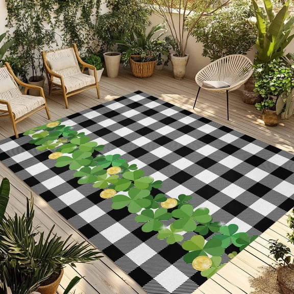 St. Patrick's Day Outdoor Rug for Patio/Deck/Porch, Non-Slip Large Area Rug 3 x 5 Ft, Lucky Shamrock Grasses Black White Plaid Indoor Outdoor Rugs Washable Area Rugs, Camping Rug Carpet Runner