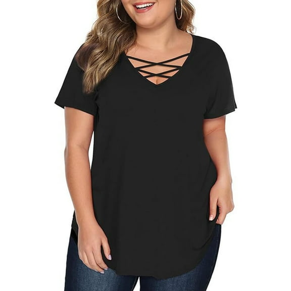 Cagogo Summer Blouses for Womens Under $5 Loose Fit Short Sleeve Tops Plus Size Sexy V Neck Criss-Cross Spring Shirt Mothers Day Gift
