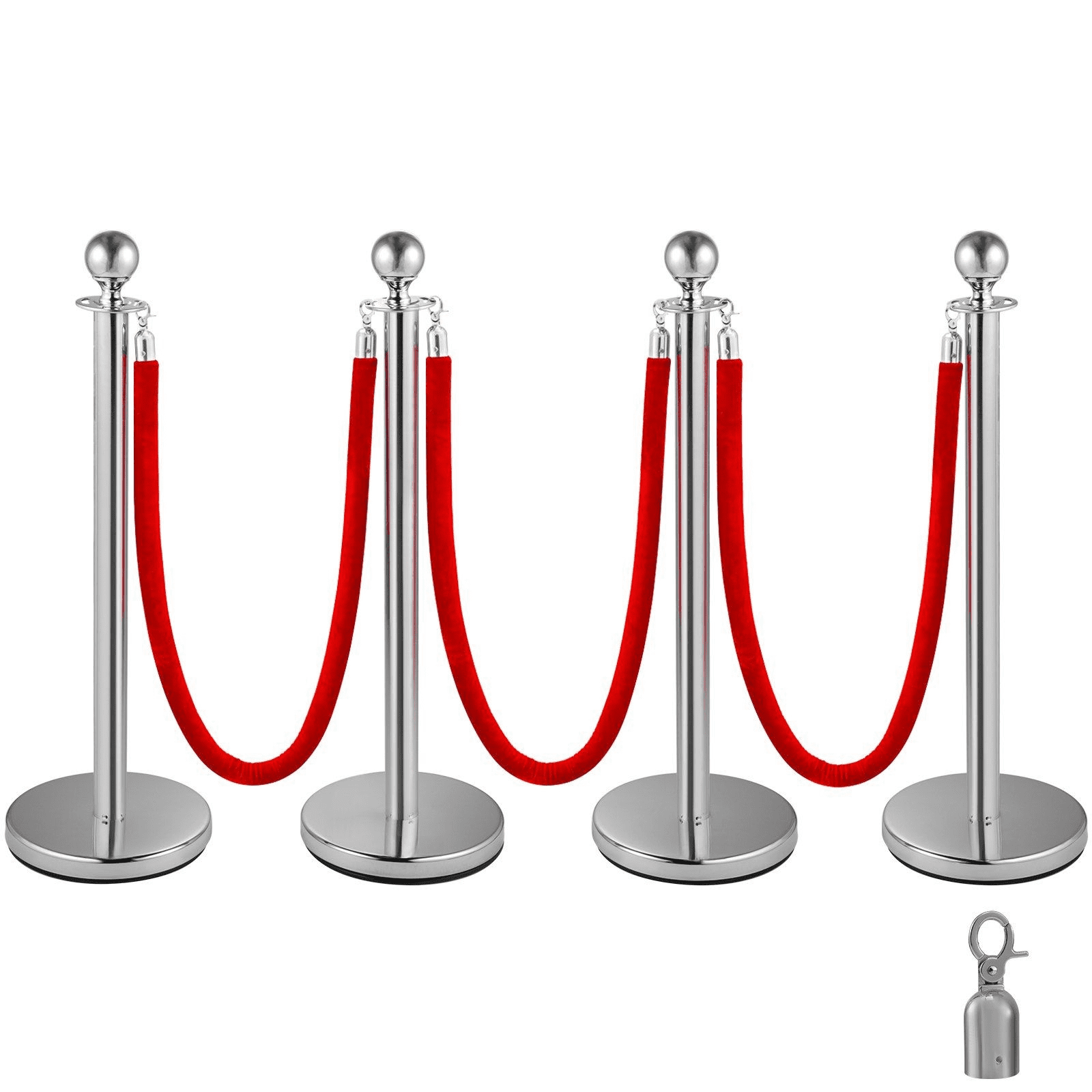 Crowd Control Stanchions 4-Pack Silver 5ft Velvet Rope Set Retractable Barrier Posts for Line Management Events Museums Hotels