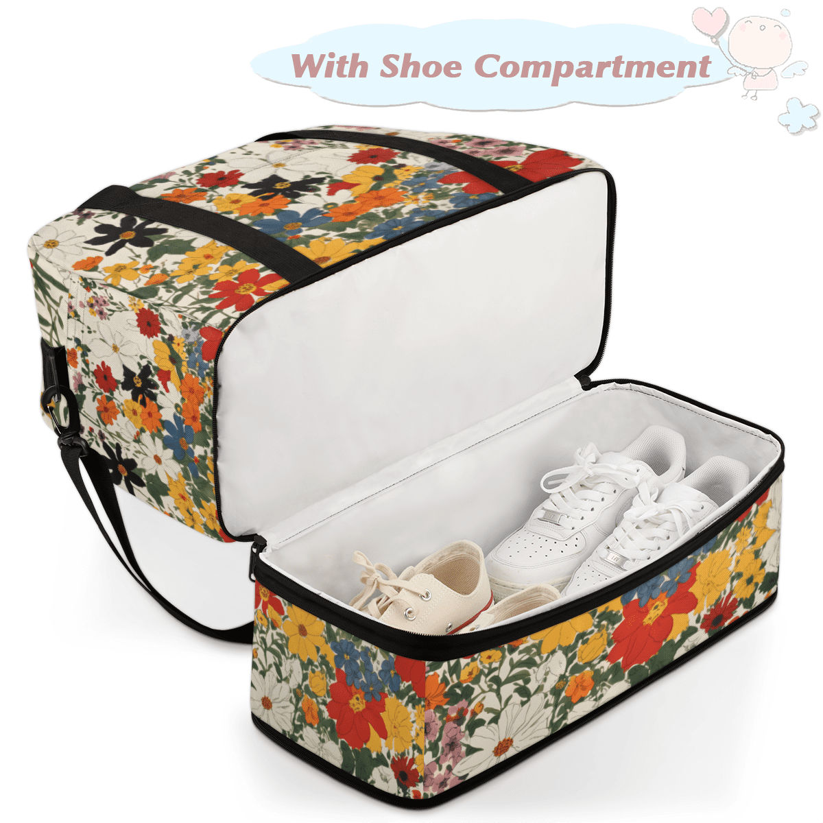 Herdesigns Boho Floral Foldable Travel Duffle Bag for Women and Men Lightweight Carry On Overnight Bag Watercolor Wild Flowers Gym Luggage Weekender Bags with Shoe Compartment