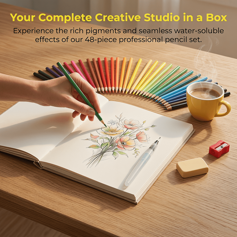 48 Watercolor Pencil Art Kit with Water Brush, Vibrant Water-Soluble Drawing Set for Painting, Sketching, and Coloring