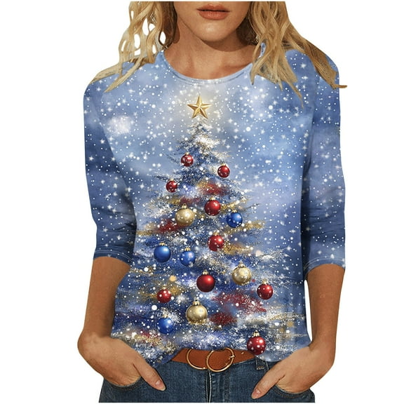 LEBONYARD Women's Fashion Crewneck Multiplye Christmas Printing 3/4 Sleeve Blouse Tops Causal Round Neck Plus Size 3/4 Sleeve Ladies Christmas Tops