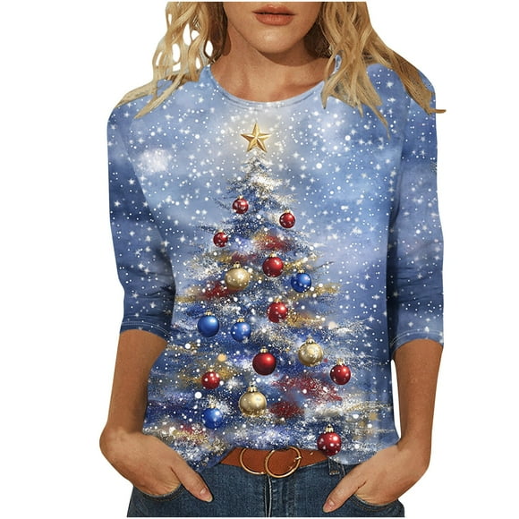 Lcziwo Christmas Shirts for Women 3/4 Sleeve Casual Fashion Fall Spring 2025 Tops Crew Neck Xmas Holiday Blouse Sparkly Tree Print Pullover Tops Multicolor,XXXXL
