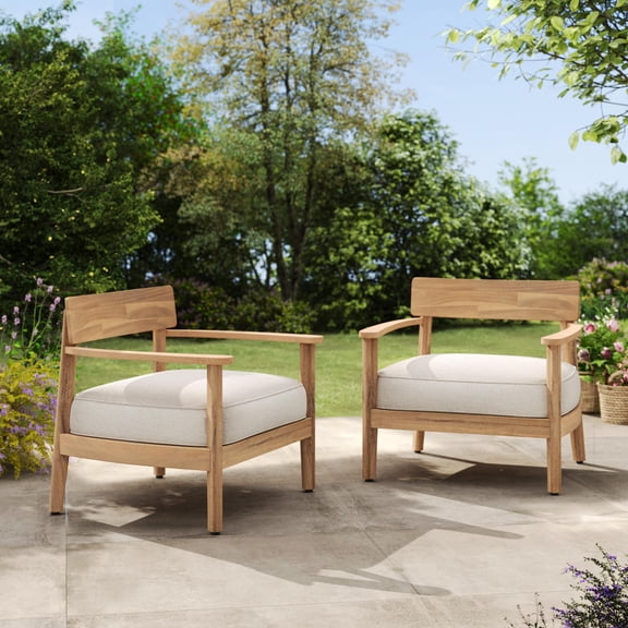 Outdoor Club Chairs Set of 2, Ergonomic Acacia Wood with Beige Cushion for Patio/Garden | Acacia Wood | Fabric