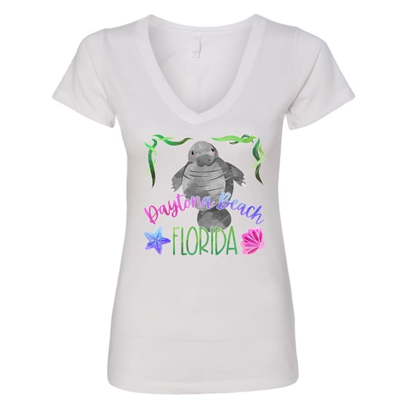 Inktastic Daytona Beach Florida Cute Swimming Manatee Women's V-Neck T-Shirt