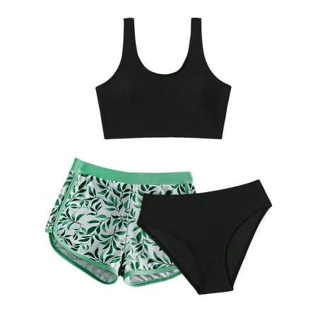 3 PCS Swimsuit With Shorts Girls Print 3 Piece Swimsuits Bikini Sets with Boyshorts Tankini Bathing Suit 11-17 Years Racerback Casual
